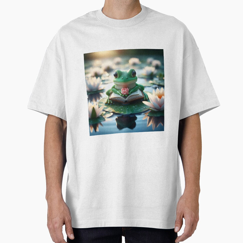 Cute Frog Reading Book Lily Pad by AI-Only Creations - Adult & Kids T-Shirts, Sweatshirts & Hoodies apparel design preview 1