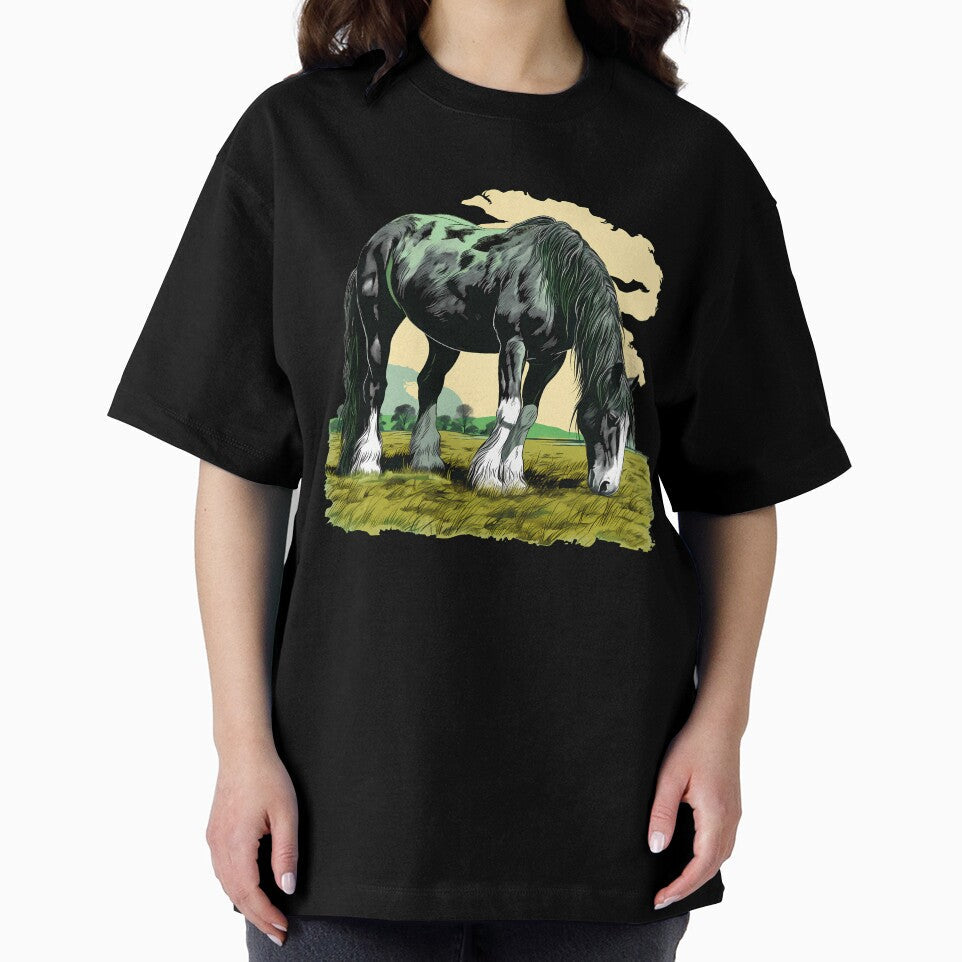 Beautiful black shire horse grazing on a country - Adult & Kids T-Shirts, Sweatshirts & Hoodies apparel design preview 2