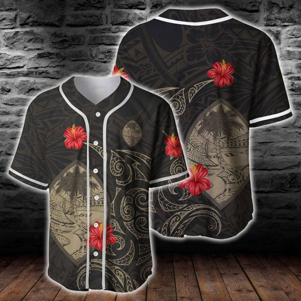 Stylish Guam Hibiscus Tattoo Baseball Jersey – Trendy Design for Sports Enthusiasts baseball jersey product view 2