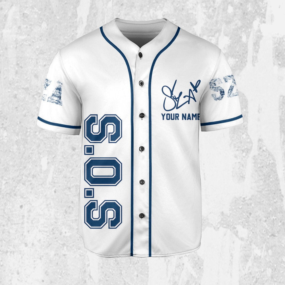 SZA SOS White and Blue Jersey: Personalized Baseball Merch for Sos Tour 2023 - Aopprinter baseball jersey product view 2