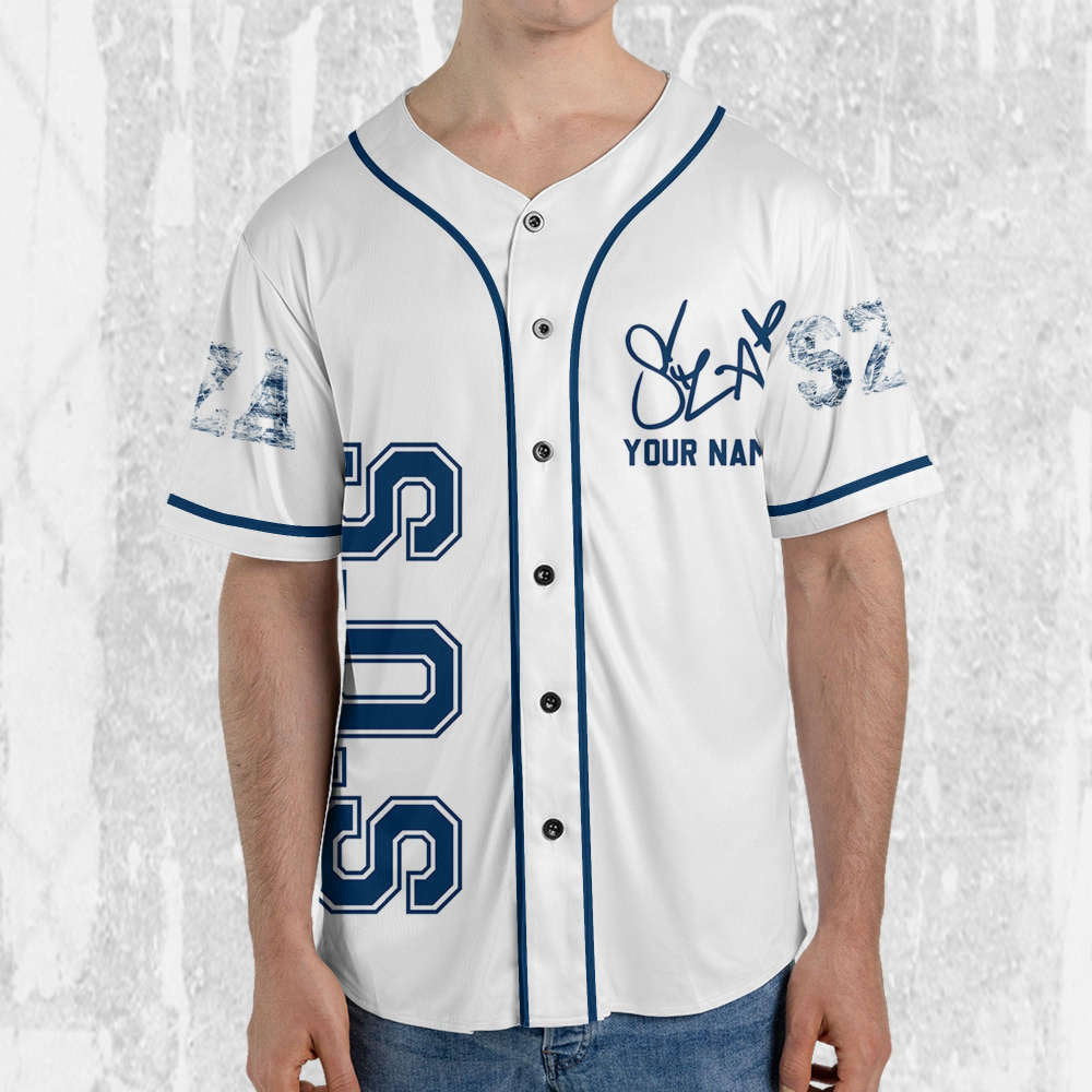 SZA SOS White and Blue Jersey: Personalized Baseball Merch for Sos Tour 2023 - Aopprinter baseball jersey product view 3