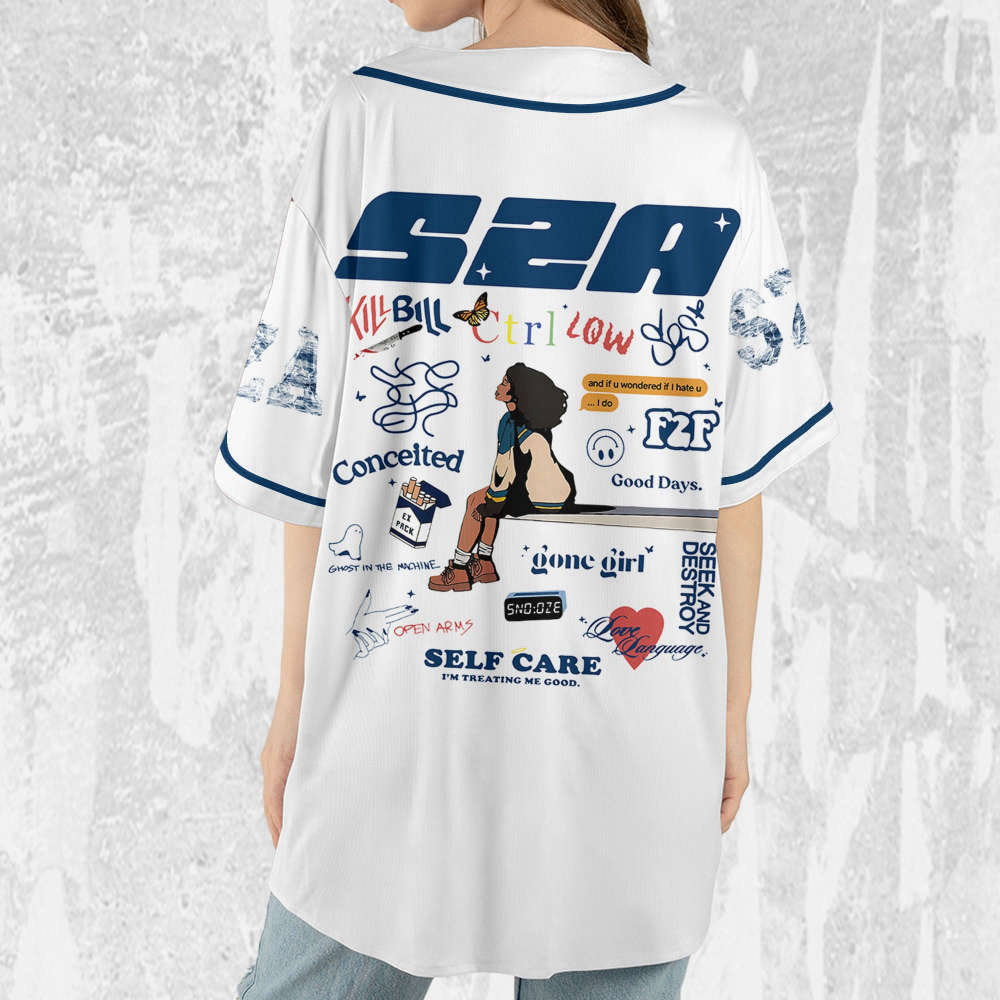 SZA SOS White and Blue Jersey: Personalized Baseball Merch for Sos Tour 2023 - Aopprinter baseball jersey product view 4