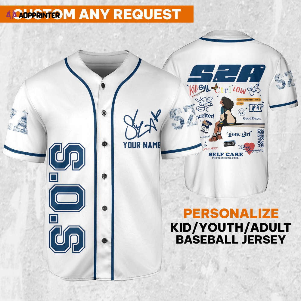 SZA SOS White and Blue Jersey: Personalized Baseball Merch for Sos Tour 2023 - Aopprinter baseball jersey product view 1