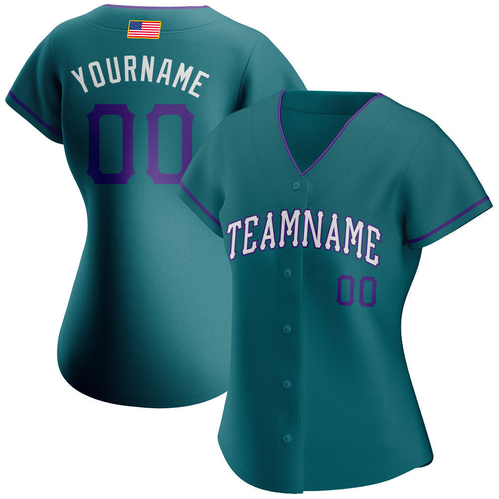 Custom Teal Purple-White Authentic American Flag Fashion Baseball Jersey baseball jersey product view 2