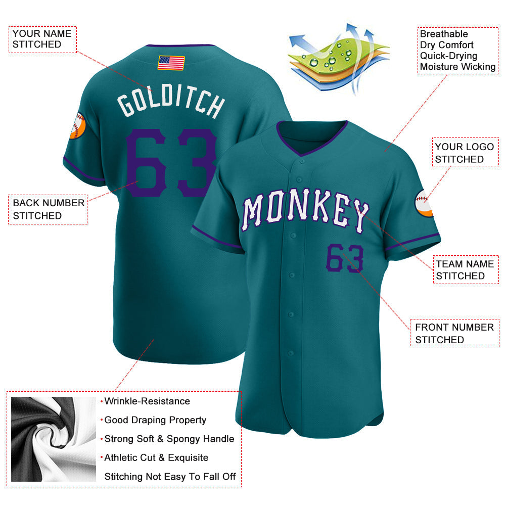 Custom Teal Purple-White Authentic American Flag Fashion Baseball Jersey baseball jersey product view 3