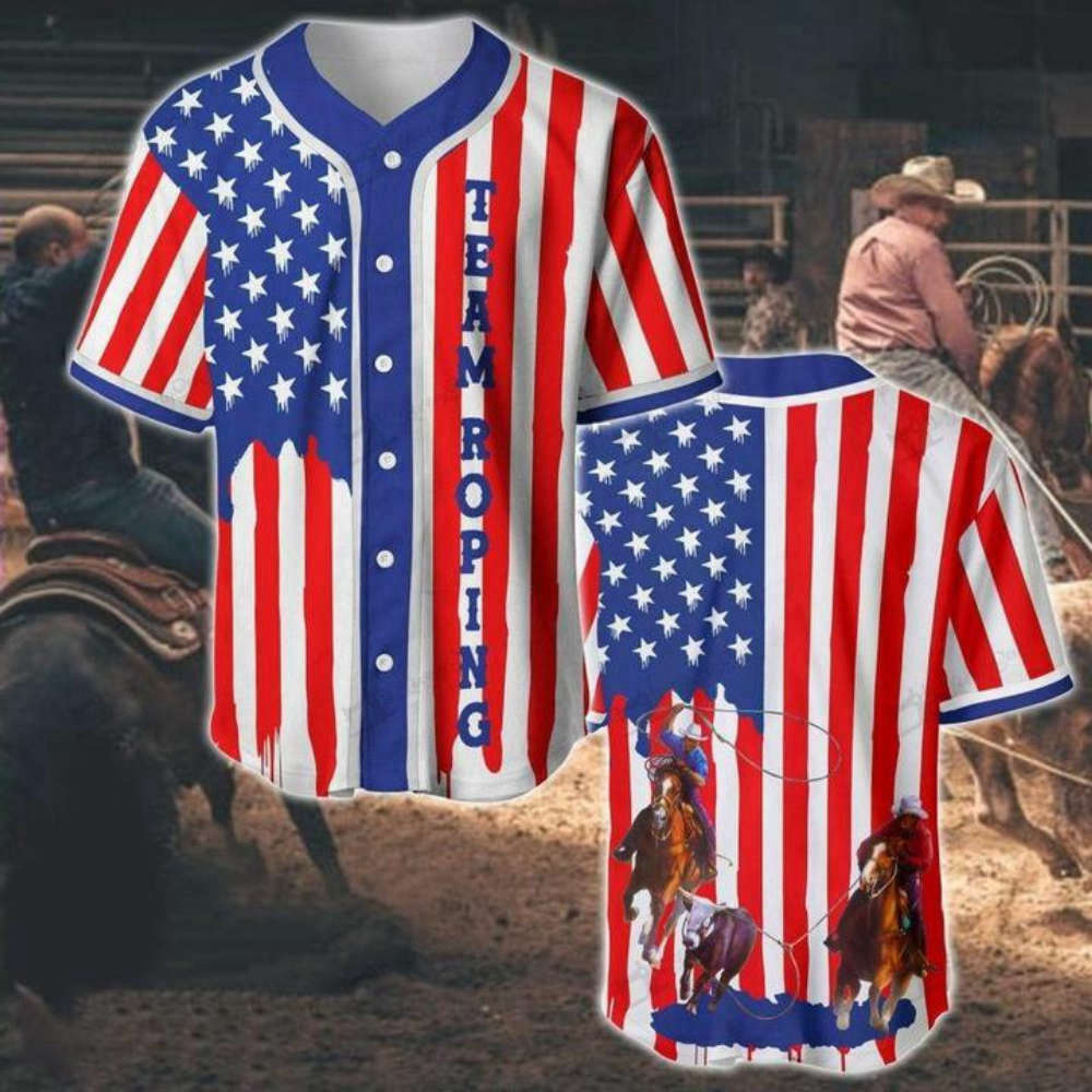 Team Roping U.s Flag Stripes Baseball Jersey - Aopprinter baseball jersey product view 2