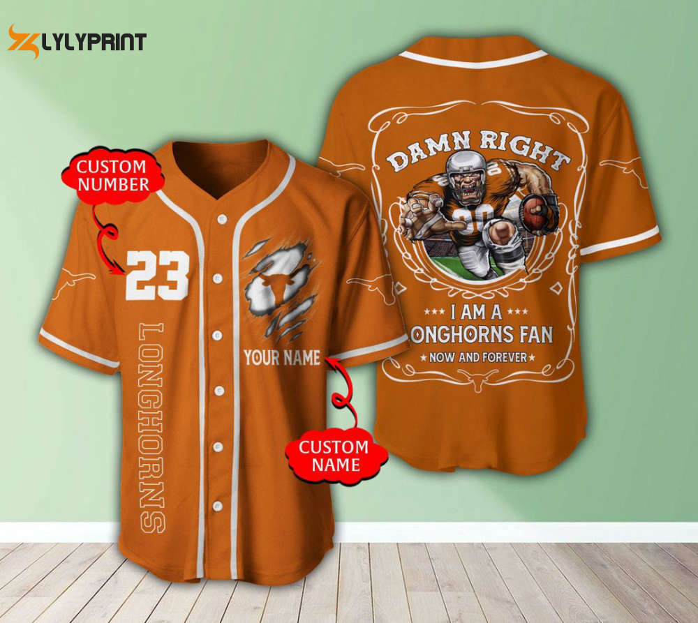Texas Longhorns Personalized Baseball Jersey Fan Gifts - lylyprint.com baseball jersey product view 1