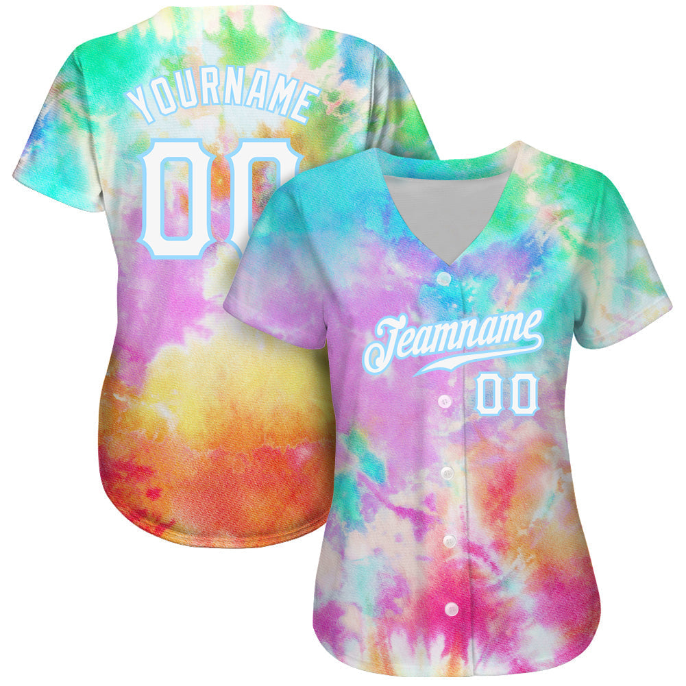 Custom Tie Dye White-Light Blue 3D Rainbow Authentic Baseball Jersey baseball jersey product view 2