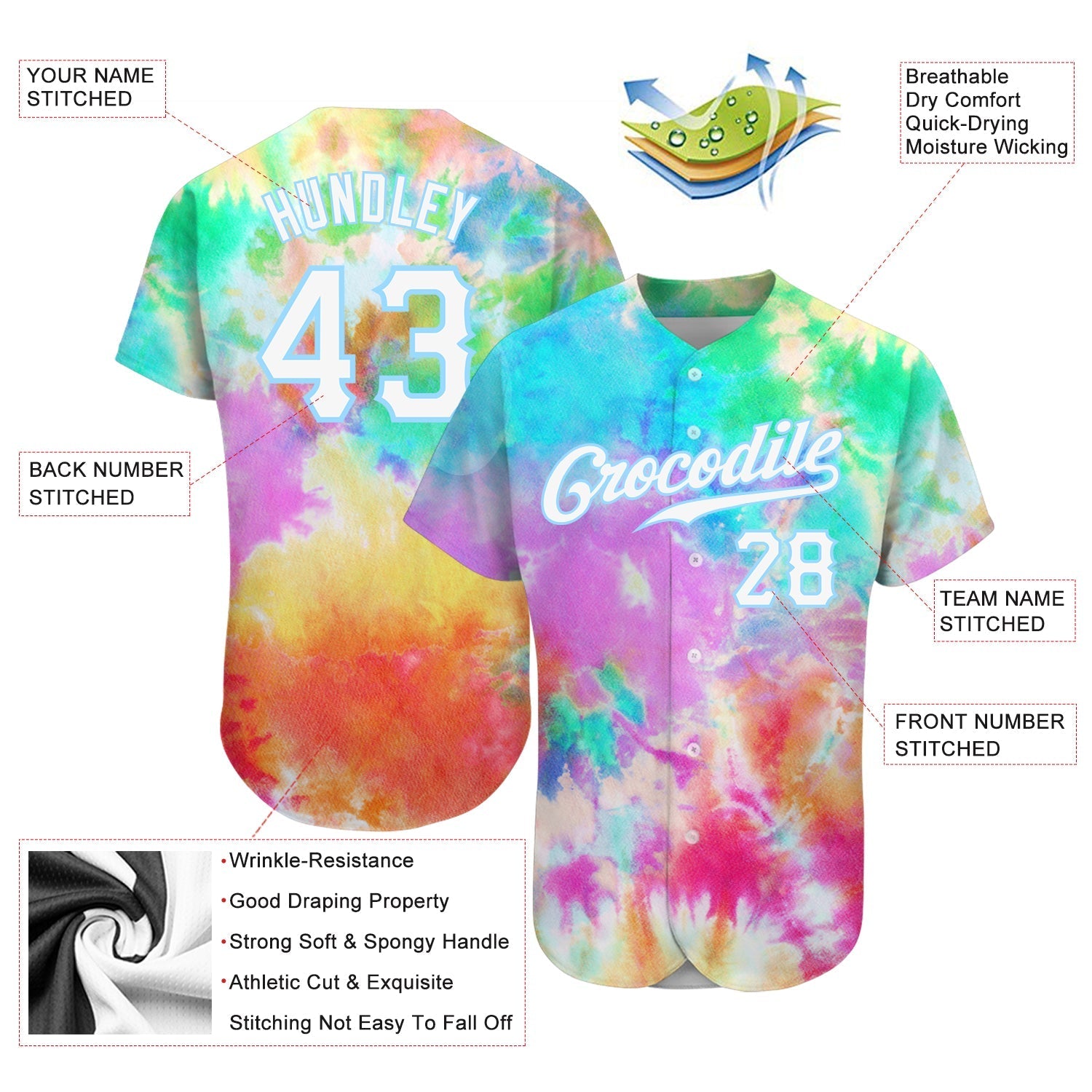 Custom Tie Dye White-Light Blue 3D Rainbow Authentic Baseball Jersey baseball jersey product view 3
