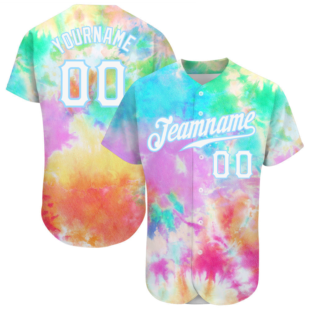 Custom Tie Dye White-Light Blue 3D Rainbow Authentic Baseball Jersey baseball jersey product view 1