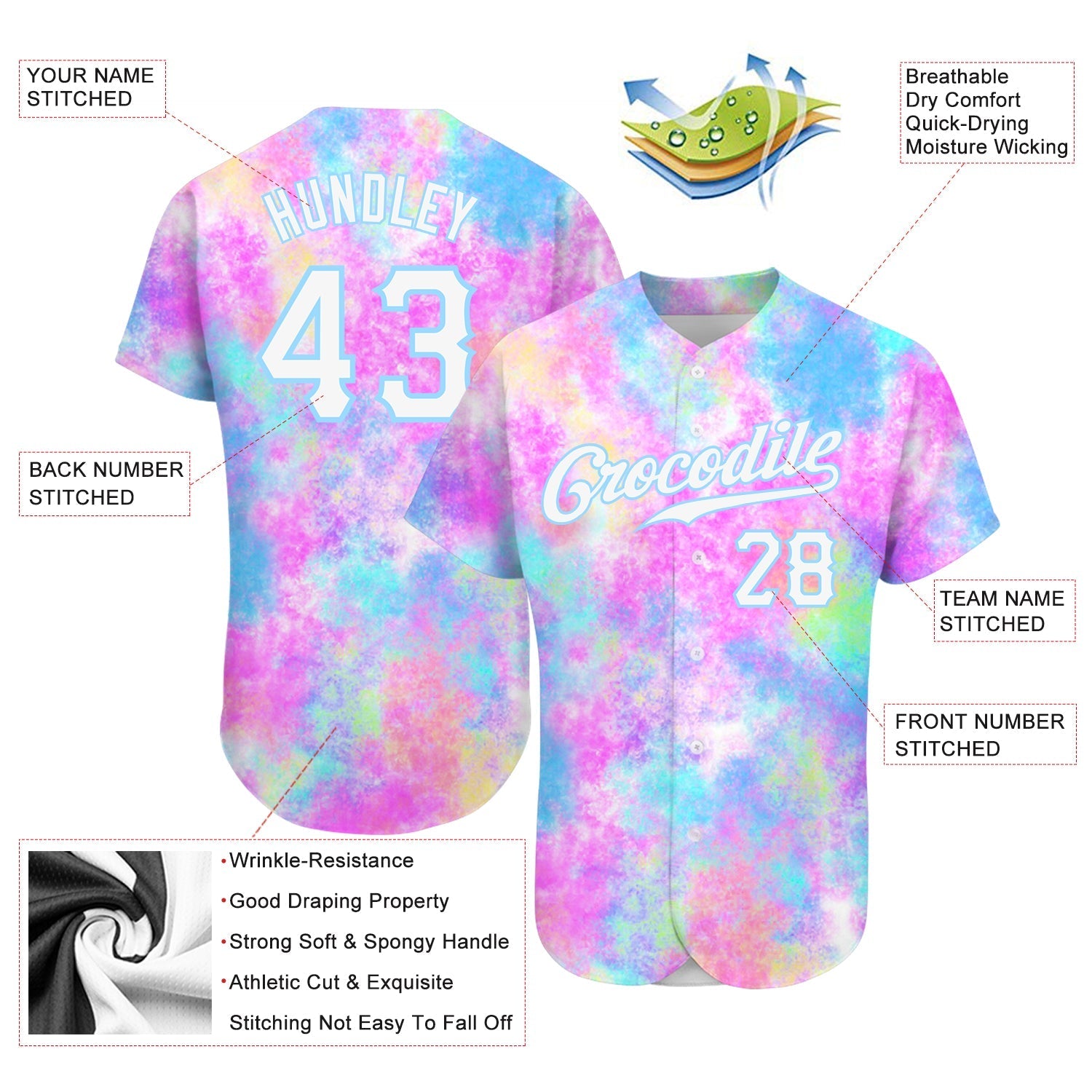 Custom Tie Dye White-Light Blue 3D Watercolor Gradient Authentic Baseball Jersey baseball jersey product view 3