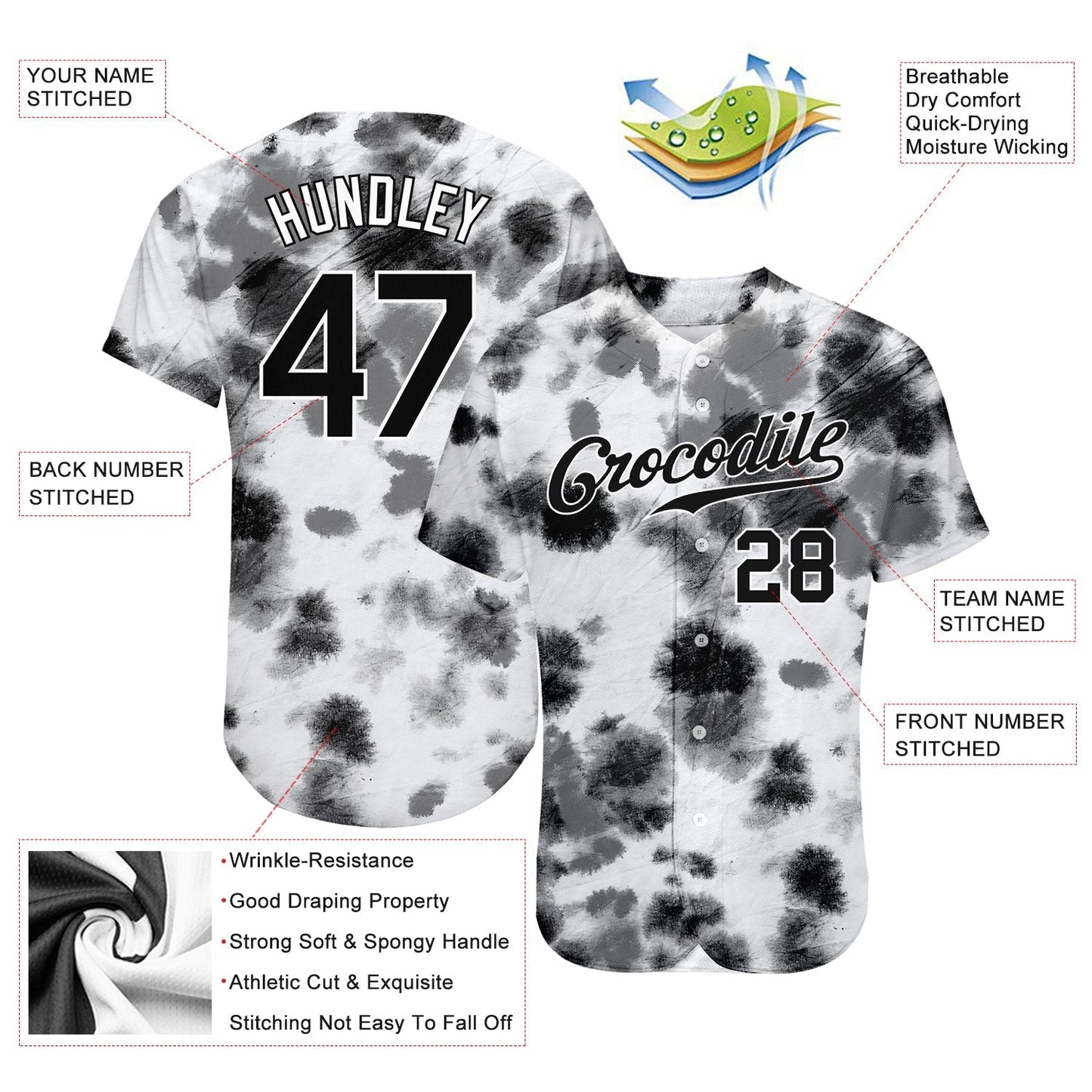 Custom Tie Dye Black-White 3D Steel Authentic Baseball Jersey baseball jersey product view 3