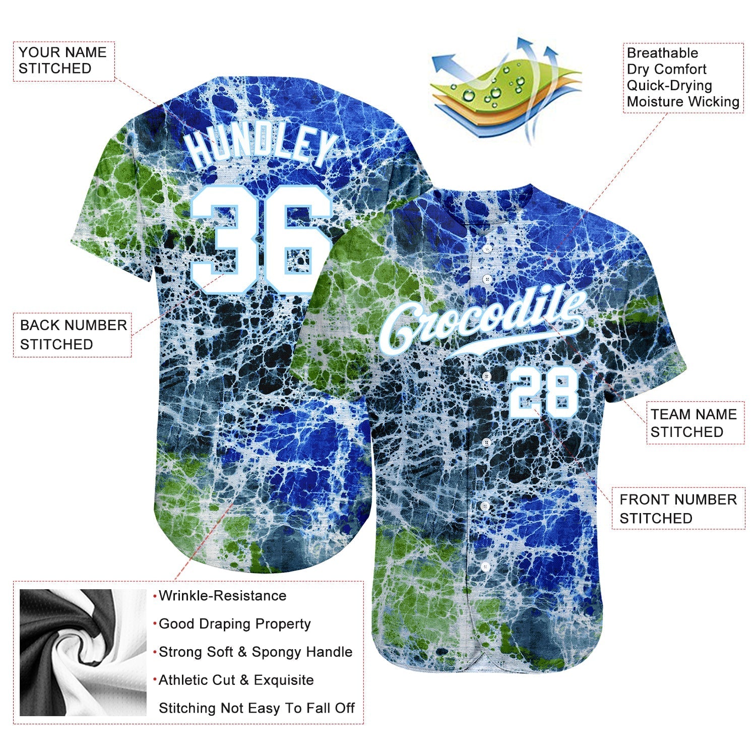 Custom Tie Dye White-Light Blue 3D Authentic Baseball Jersey baseball jersey product view 3