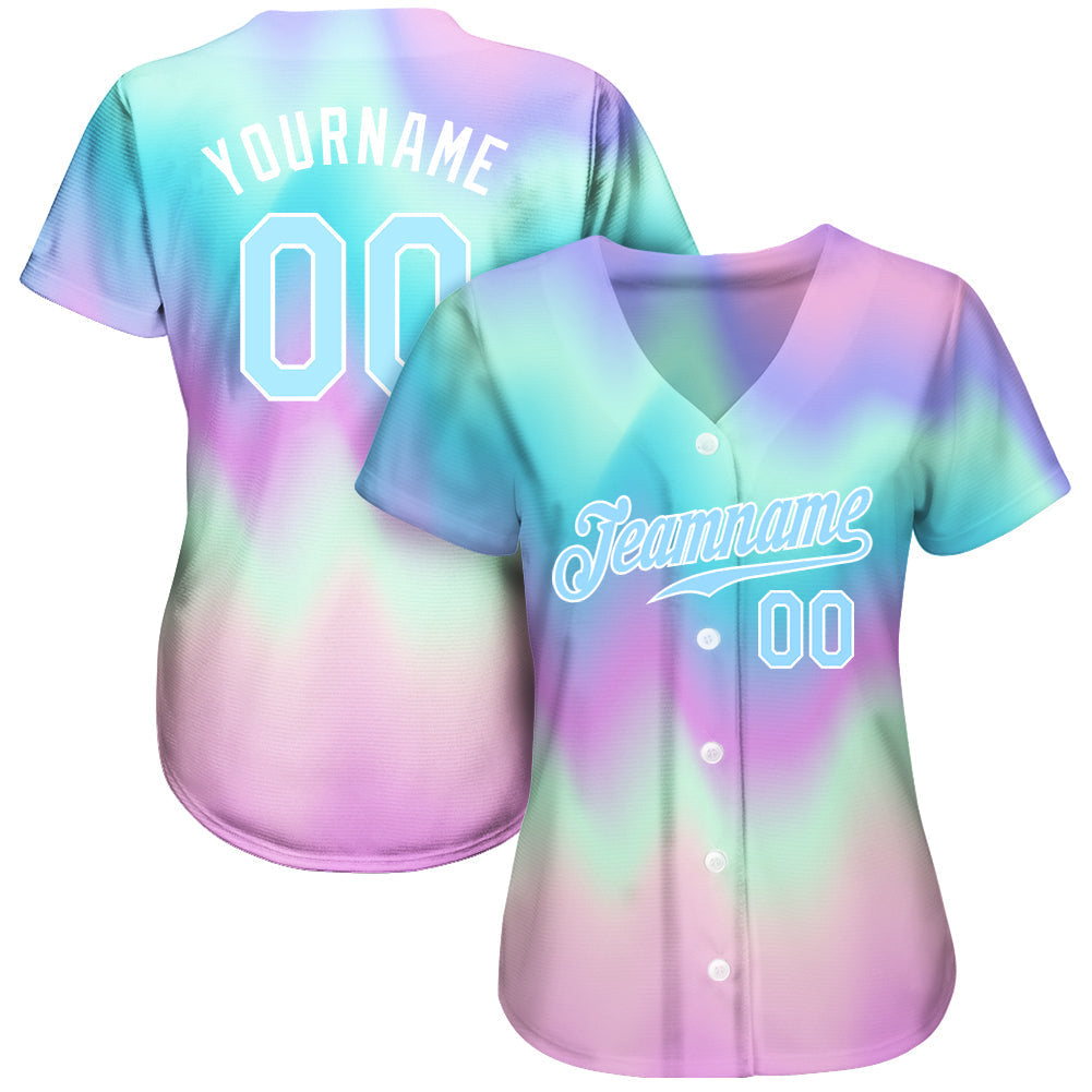 Custom Tie Dye Light Blue-White 3D Authentic Baseball Jersey baseball jersey product view 2