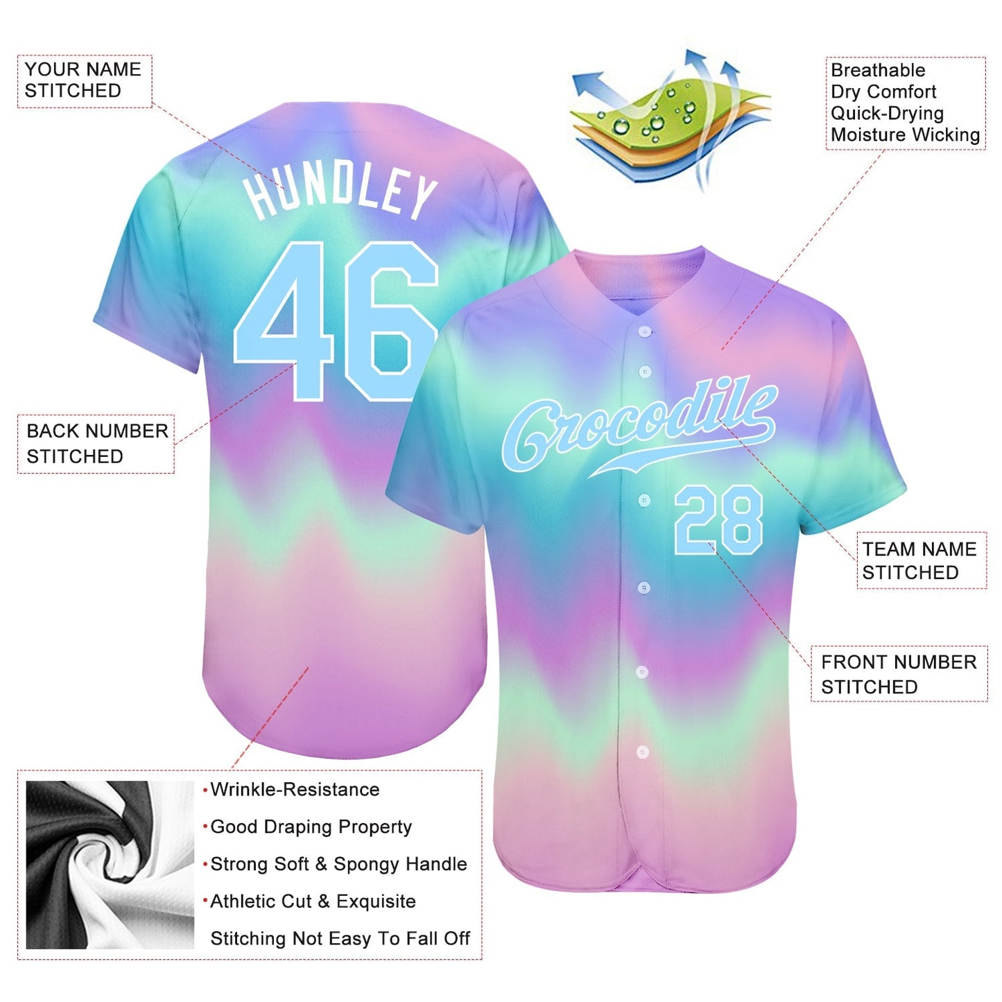 Custom Tie Dye Light Blue-White 3D Authentic Baseball Jersey baseball jersey product view 3