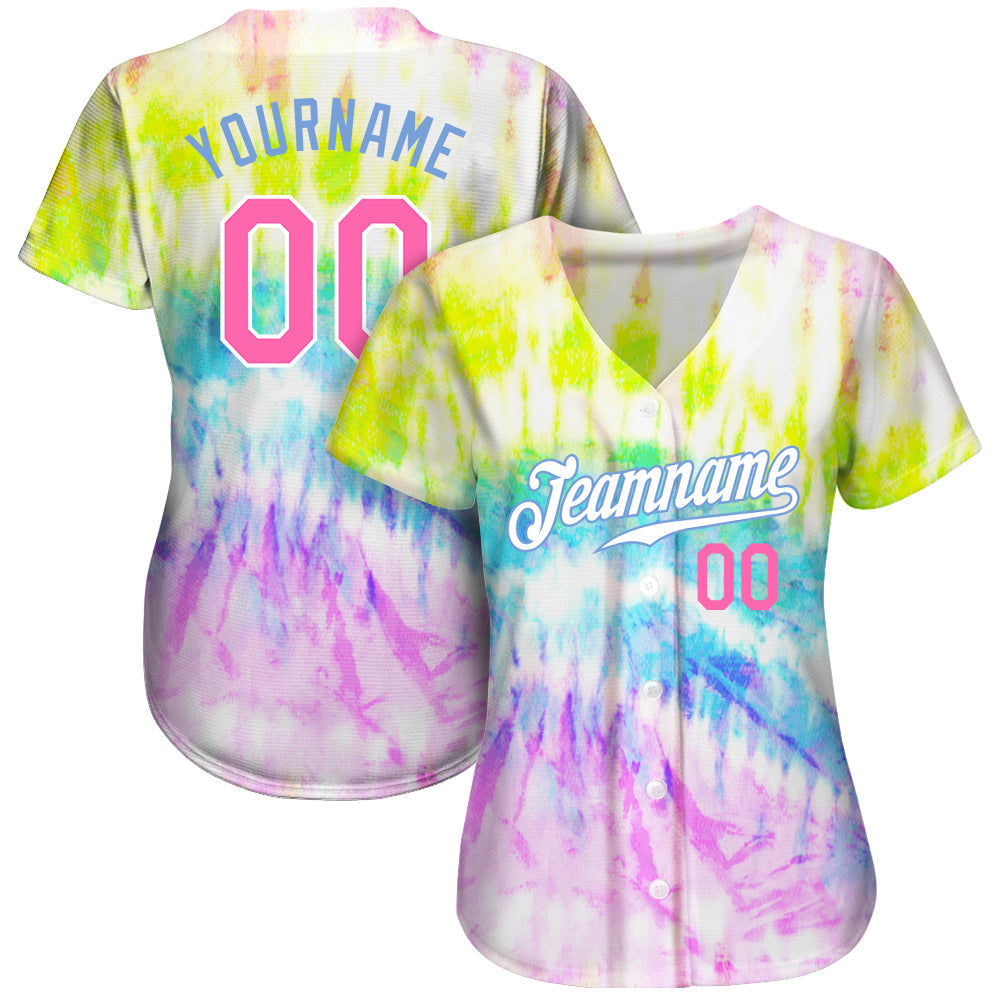 Custom Tie Dye Pink-Light Blue 3D Rainbow Authentic Baseball Jersey baseball jersey product view 2