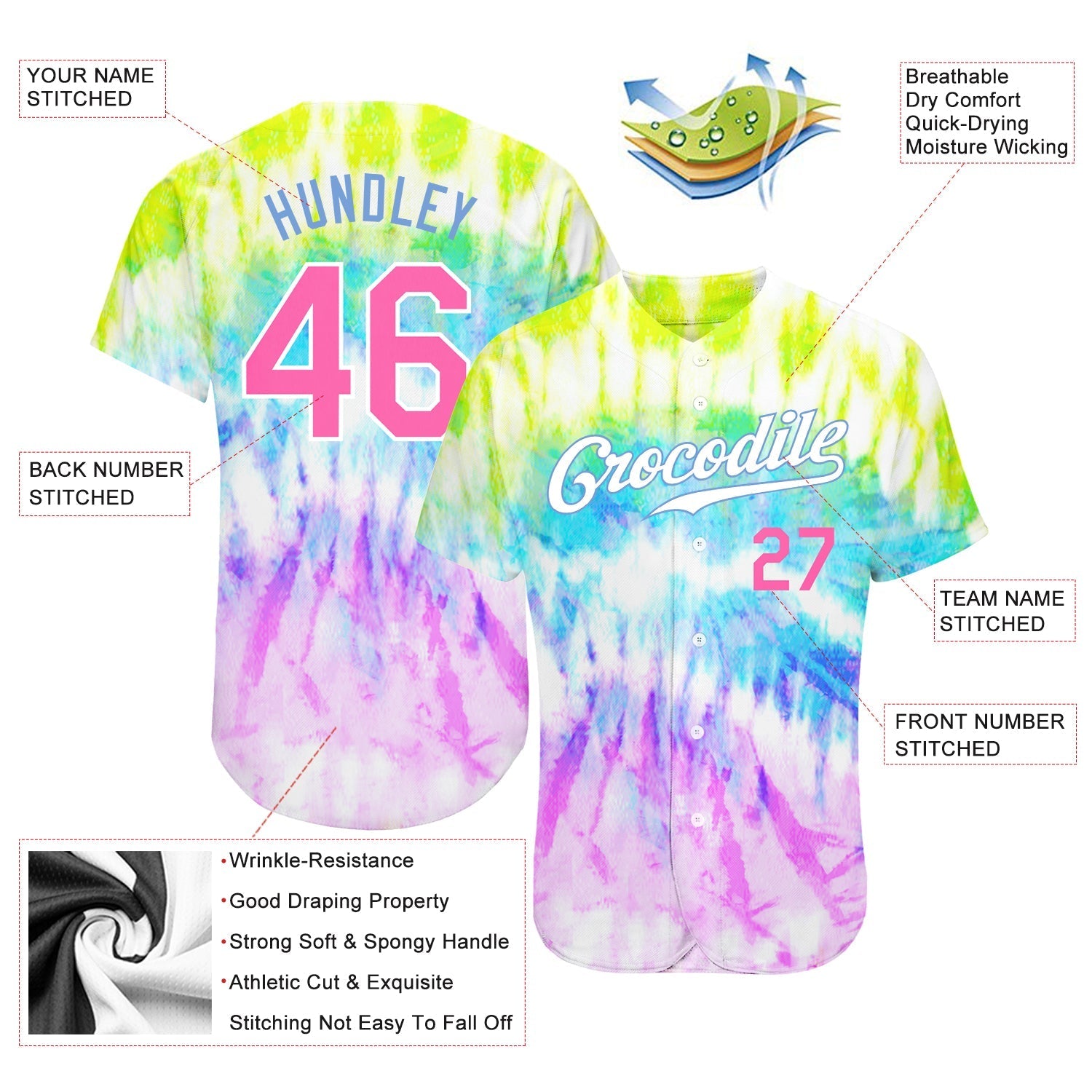Custom Tie Dye Pink-Light Blue 3D Rainbow Authentic Baseball Jersey baseball jersey product view 3