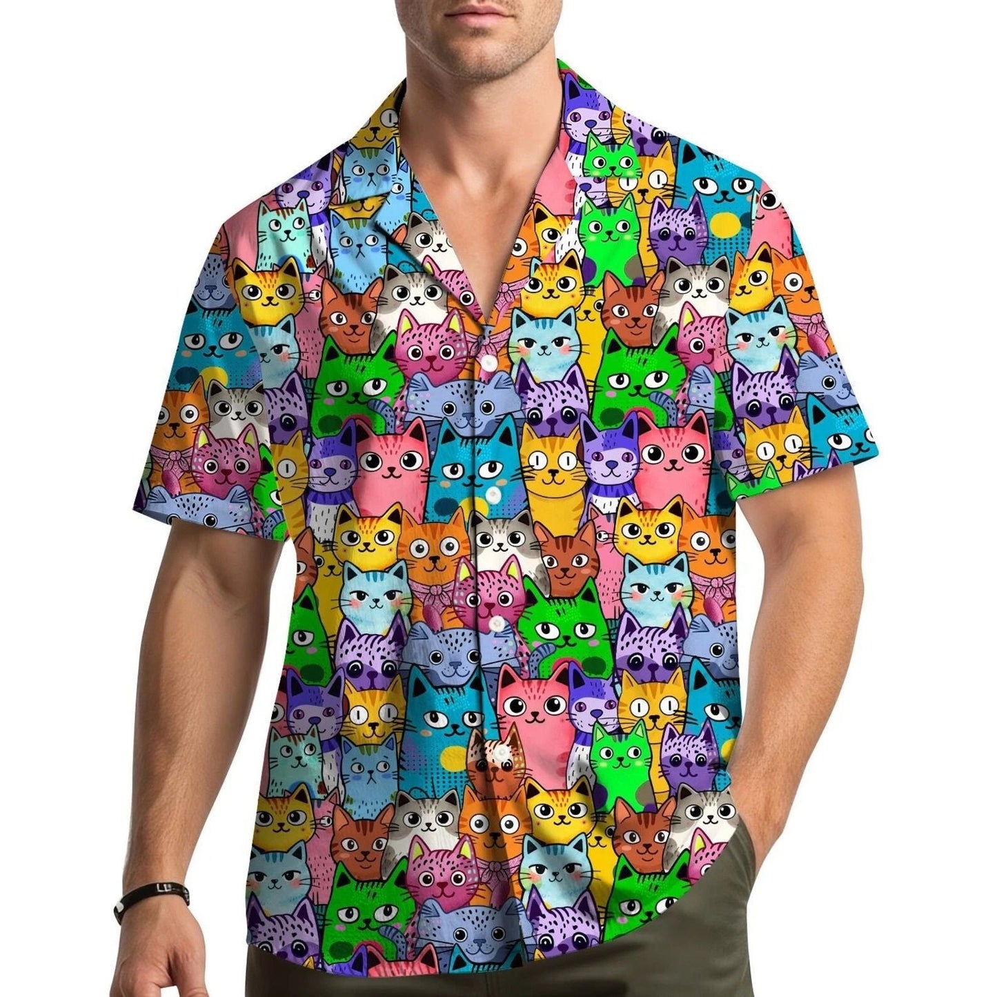 Funny Cat Hawaiian Shirt Cute Kitty Aloha Summer Button Up Unisex Short Sleeve Unisex T-shirt, Sweatshirt, Hoodie, Long Sleeve Tee - T-Shirt, Sweatshirt, Hoodie