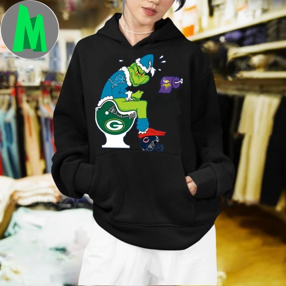 The Grinch wears a Detroit Lions jersey He sits on a Green Bay toilet And uses toilet paper with the Minnesota Vikings logo Shirt football jersey product view 2