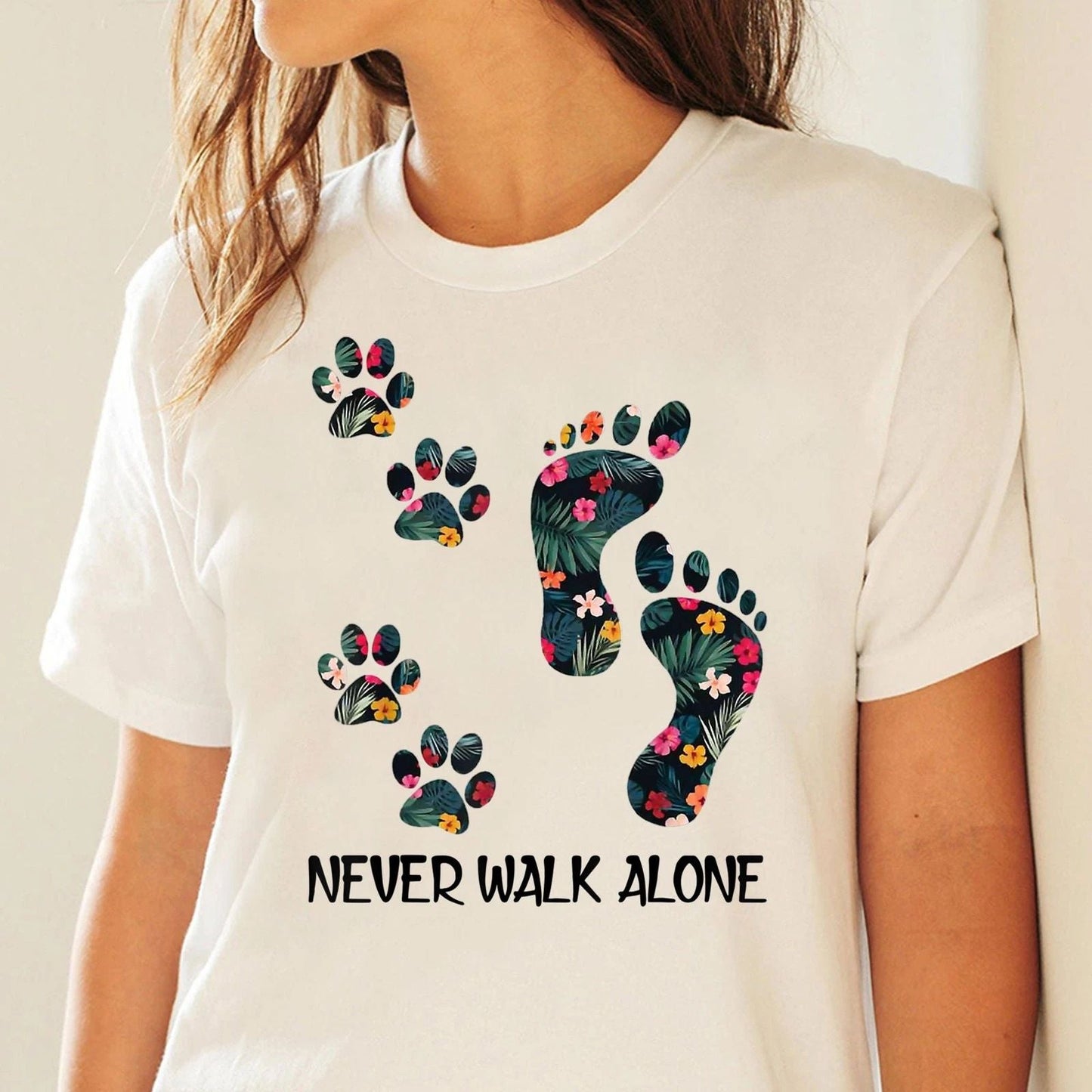 Never Walk Alone Paw Dog Flower Shirt Dog Friends Dog Lover - Gift for Dog Lover Unisex T-shirt, Sweatshirt, Hoodie, Long Sleeve Tee - T-Shirt, Sweatshirt, Hoodie