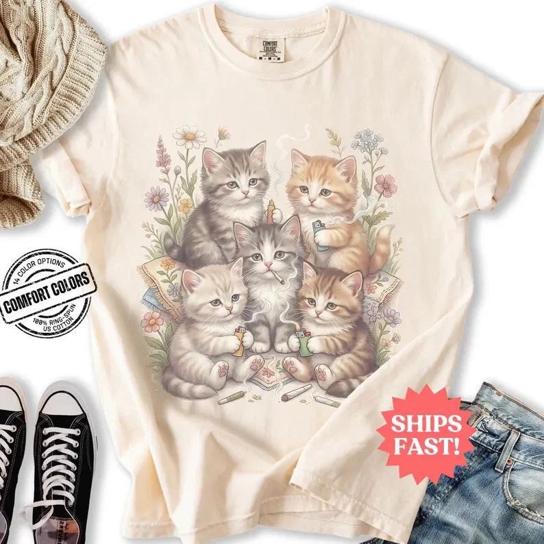 Funny Stoner Cat Smoking Kittens Comfort Tee Shirt Gift Idea Unisex T-shirt, Sweatshirt, Hoodie, Long Sleeve Tee - T-Shirt, Sweatshirt, Hoodie