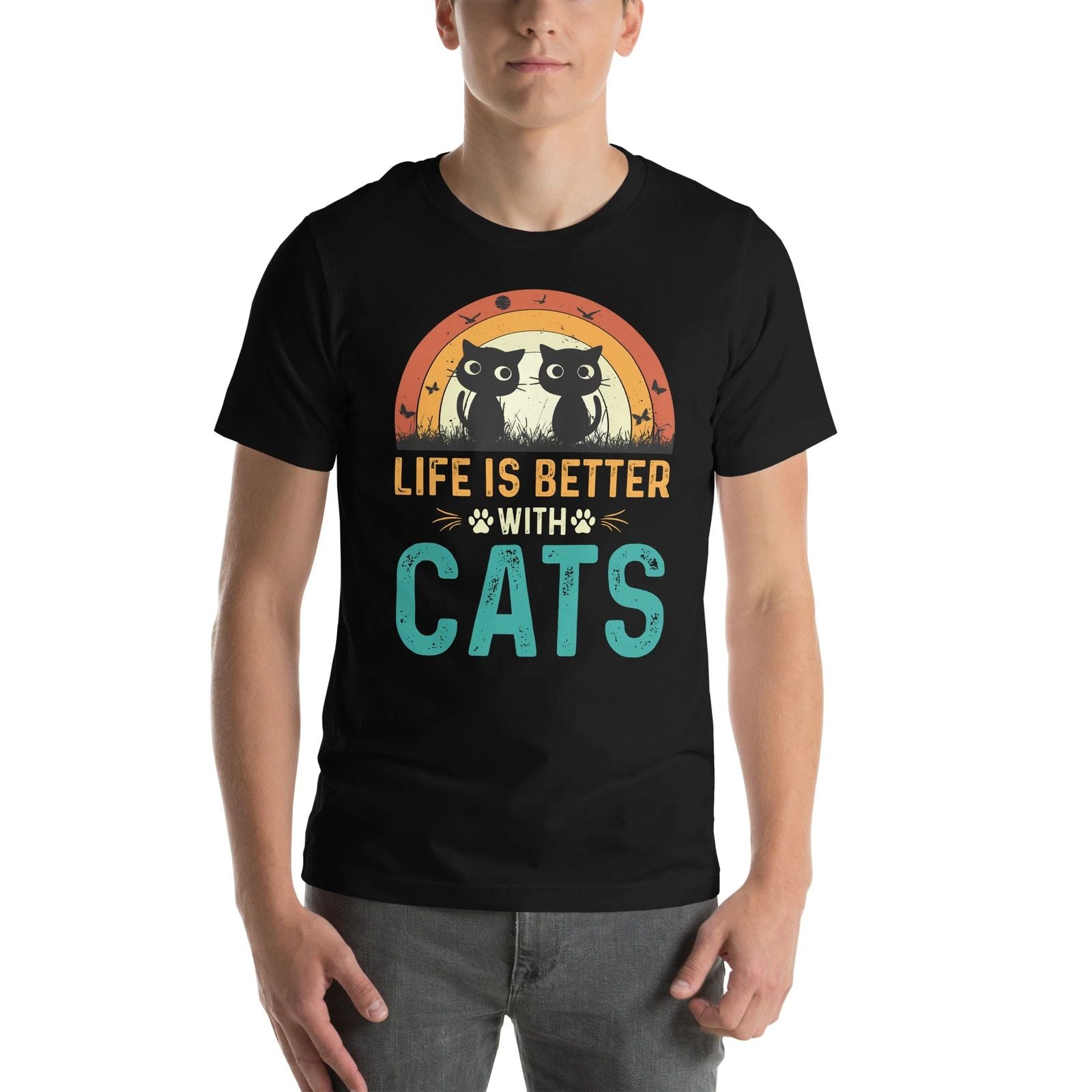 Cat Lover Gift Life is Better with Cats Colorful Sunset Design Unisex T-shirt, Sweatshirt, Hoodie, Long Sleeve Tee - T-Shirt, Sweatshirt, Hoodie