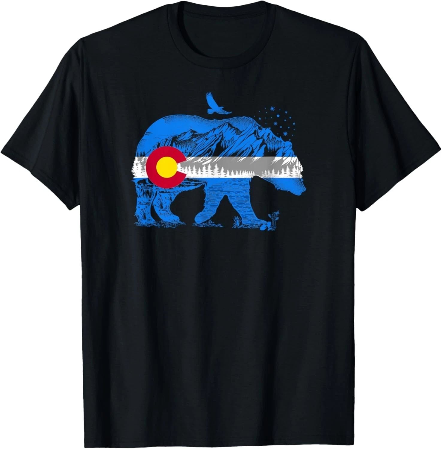 Colorado Flag Design Mountains and Bear Landscape Graphic T-Shirt Unisex T-shirt, Sweatshirt, Hoodie, Long Sleeve Tee - T-Shirt, Sweatshirt, Hoodie