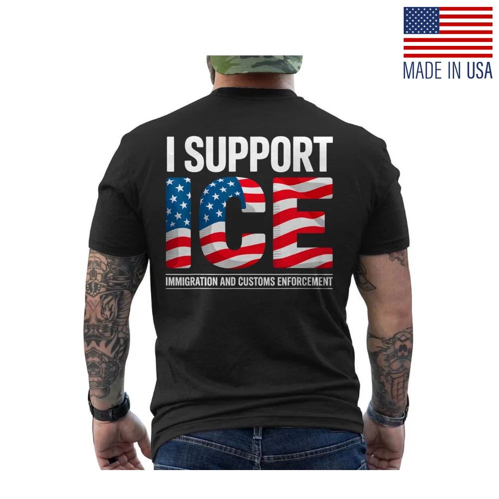 ICE Immigration Officers American Flag T-Shirt I Support Trump 2025 ON BACK Unisex T-shirt, Sweatshirt, Hoodie, Long Sleeve Tee - T-Shirt, Sweatshirt, Hoodie