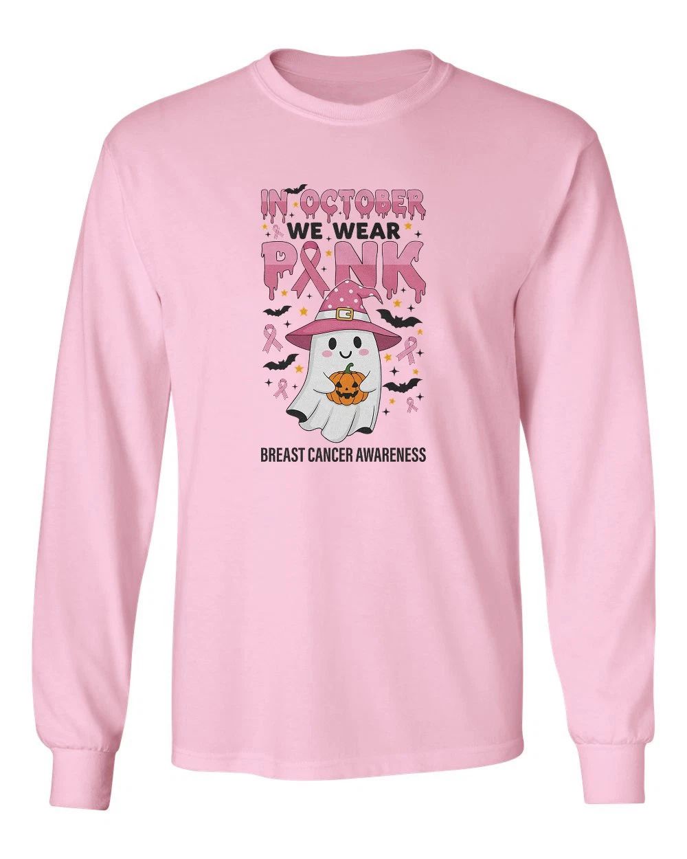 Pink October Ghost Graphic - Breast Cancer Awareness Long Sleeve T-Shirt Unisex T-shirt, Sweatshirt, Hoodie, Long Sleeve Tee - T-Shirt, Sweatshirt, Hoodie