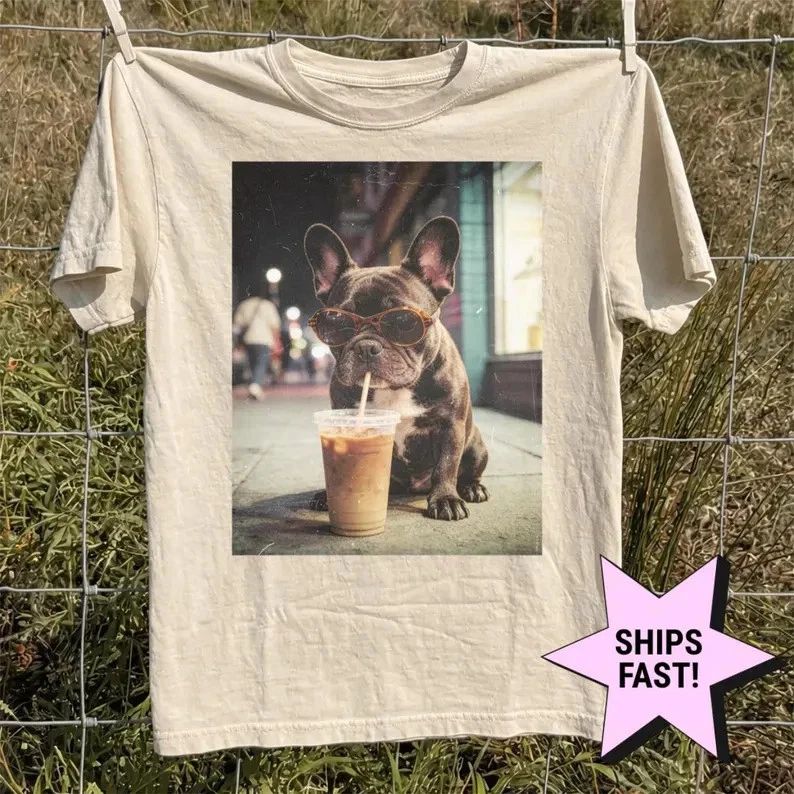 French Bulldog Shirt, Funny Frenchie Drinking Coffee, Vintage Dog Mom Tee, Pet L Unisex T-shirt, Sweatshirt, Hoodie, Long Sleeve Tee - T-Shirt, Sweatshirt, Hoodie