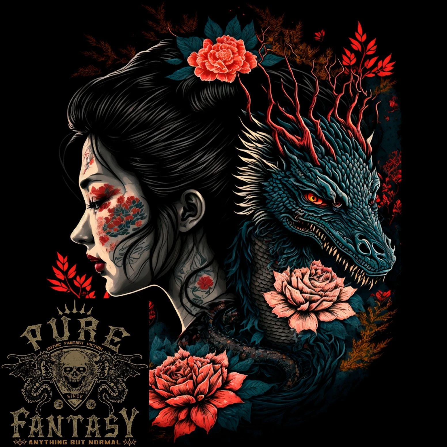 Fantasy Geisha Girl With Dragon & Roses Mens Light Cotton T-Shirt Unisex T-shirt, Sweatshirt, Hoodie, Long Sleeve Tee - T-Shirt, Sweatshirt, Hoodie