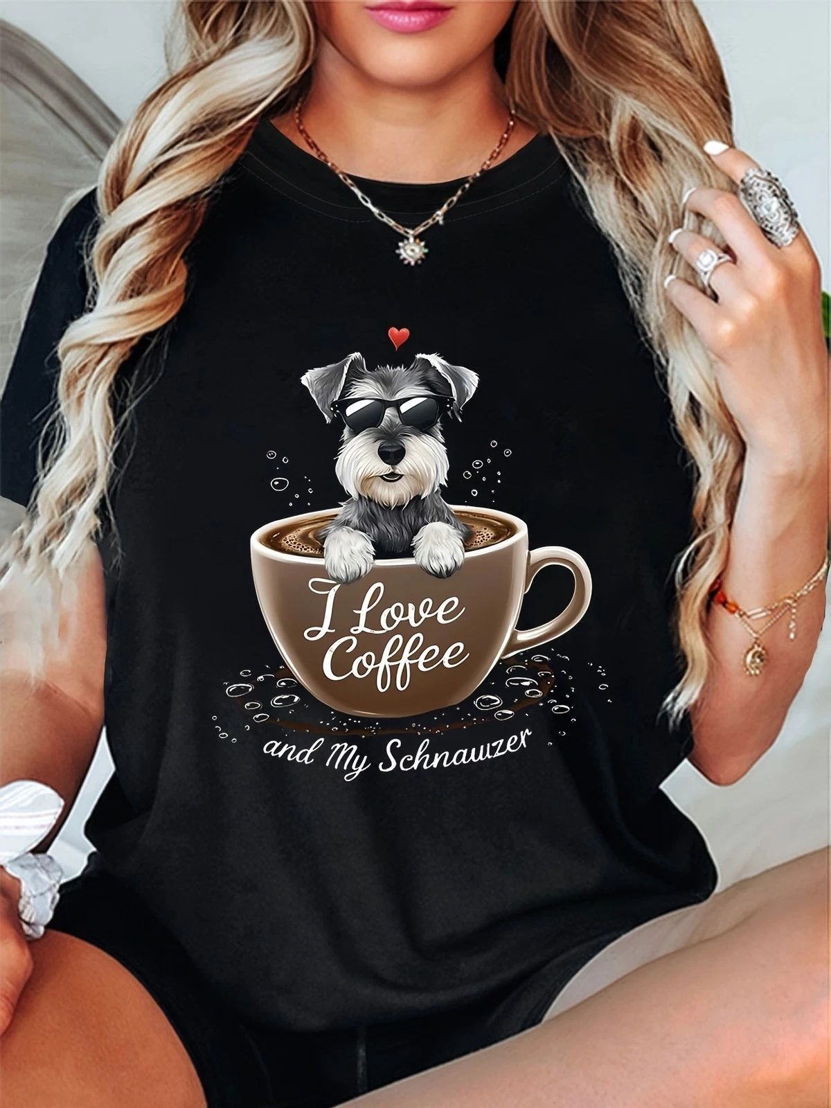 Wo I Love Coffee and My Schnauzer Graphic T-Shirt  Black Casual Round Neck Tee Unisex T-shirt, Sweatshirt, Hoodie, Long Sleeve Tee - T-Shirt, Sweatshirt, Hoodie