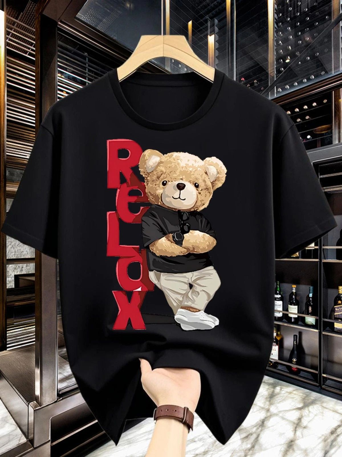 Men's Black Casual T-Shirt with Cute Teddy Bear & Print - Short Sleeve Round Ne Unisex T-shirt, Sweatshirt, Hoodie, Long Sleeve Tee - T-Shirt, Sweatshirt, Hoodie