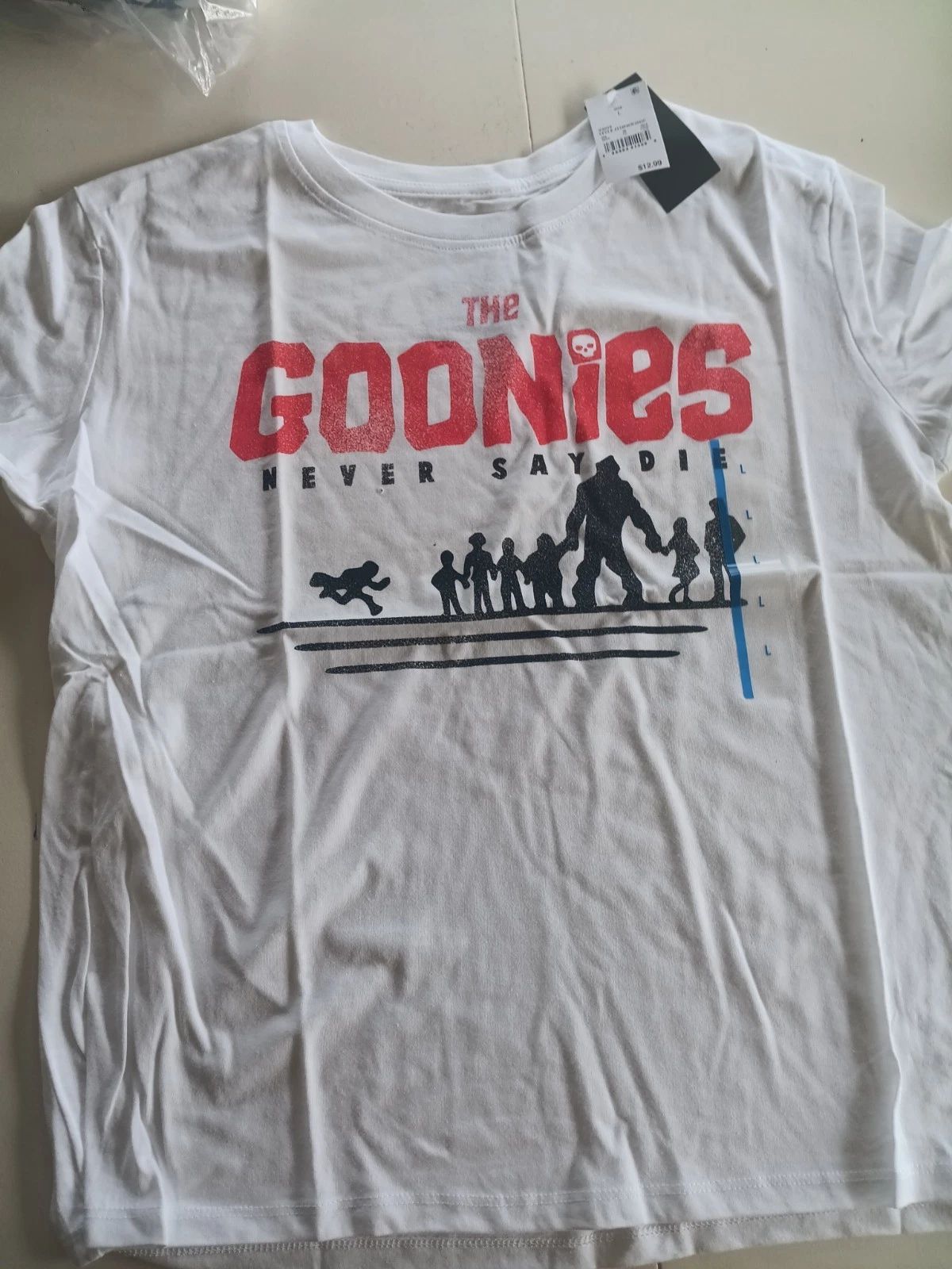 The Goonies T Shirt Adult Large Never Say Die Graphic White Red Black .NWT Unisex T-shirt, Sweatshirt, Hoodie, Long Sleeve Tee - T-Shirt, Sweatshirt, Hoodie