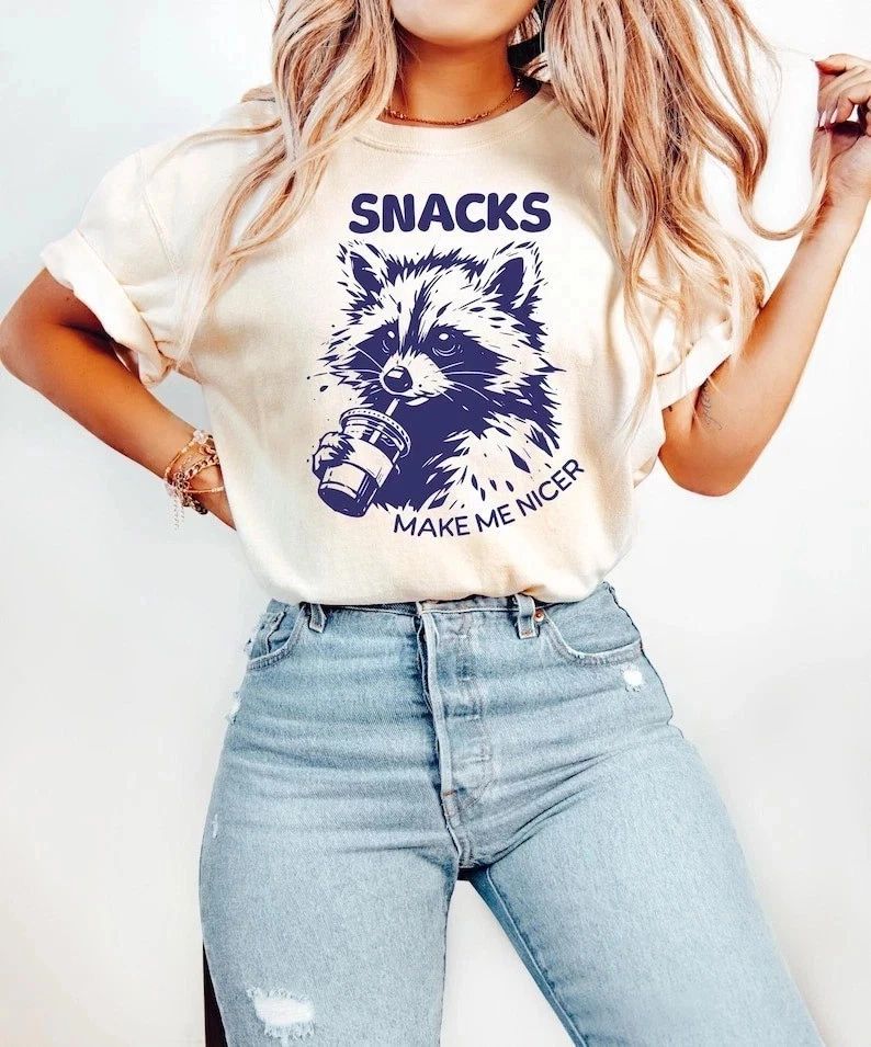 Funny Raccoon Snacks Make Me Nicer T-Shirt Cute Animal Foodie Tee S-4XL Unisex T-shirt, Sweatshirt, Hoodie, Long Sleeve Tee - T-Shirt, Sweatshirt, Hoodie