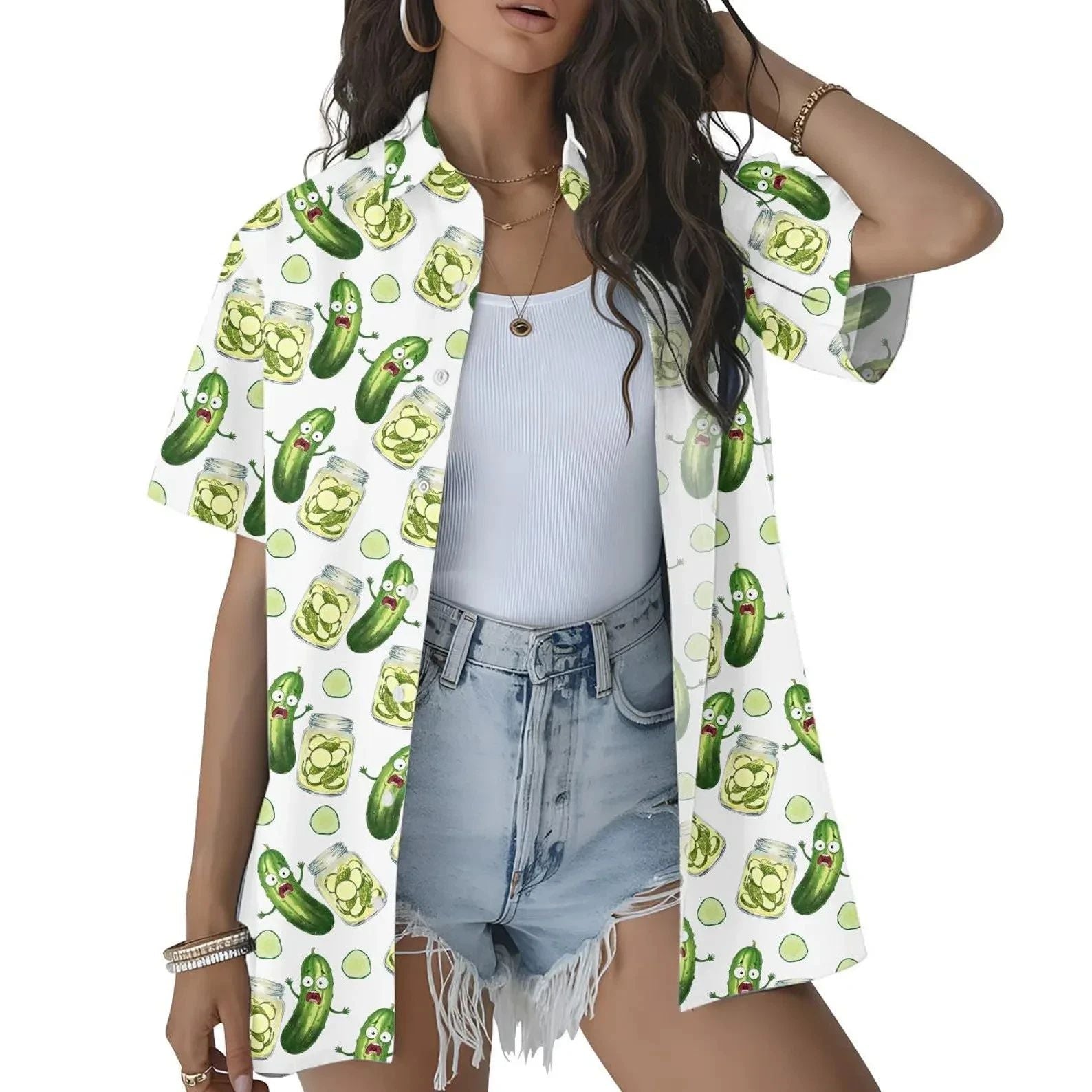 Cute Pickle Hawaiian Shirt Funny Cucumber BBQ Aloha Summer Button Up Women Unisex T-shirt, Sweatshirt, Hoodie, Long Sleeve Tee - T-Shirt, Sweatshirt, Hoodie