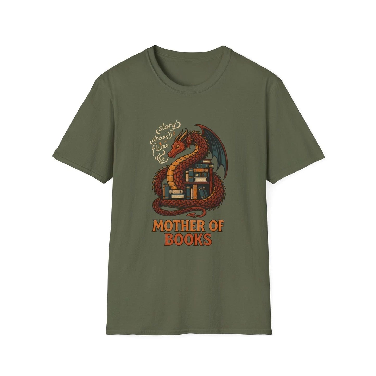 Unisex Softstyle T-Shirt Dragon Bookshelf Fantasy Reading Flame Design Unisex T-shirt, Sweatshirt, Hoodie, Long Sleeve Tee - T-Shirt, Sweatshirt, Hoodie