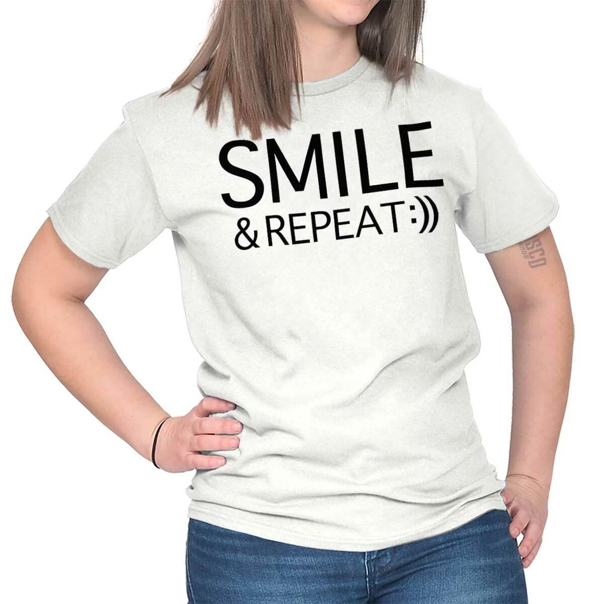 Smile Repeat Positive Quote Cute Friend Gift Womens Graphic Crewneck T Shirt Tee Unisex T-shirt, Sweatshirt, Hoodie, Long Sleeve Tee - T-Shirt, Sweatshirt, Hoodie
