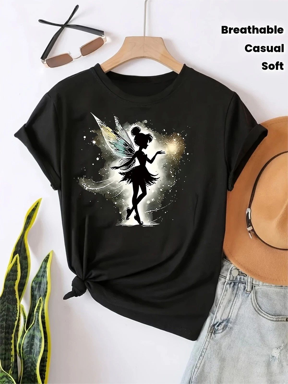 1pc UnisexFairy Print T-Shirt- Starry Sky Fantasy Design,Black Short Sleeve Unisex T-shirt, Sweatshirt, Hoodie, Long Sleeve Tee - T-Shirt, Sweatshirt, Hoodie