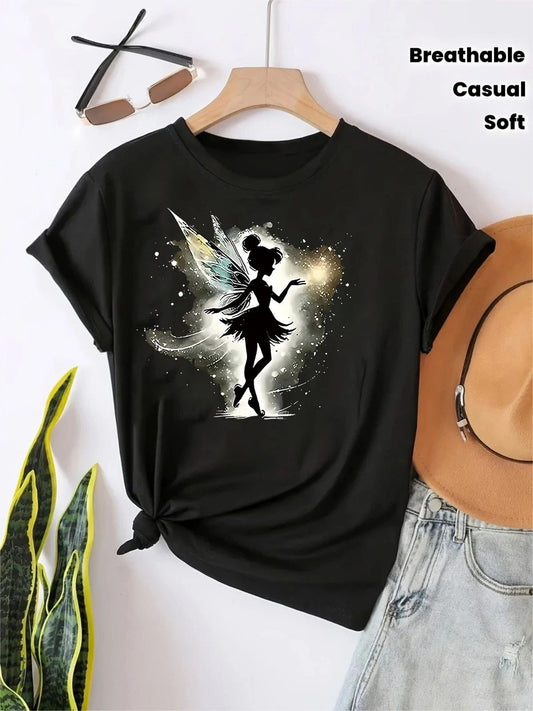 1pc UnisexFairy Print T-Shirt- Starry Sky Fantasy Design,Black Short Sleeve Unisex T-shirt, Sweatshirt, Hoodie, Long Sleeve Tee - T-Shirt, Sweatshirt, Hoodie