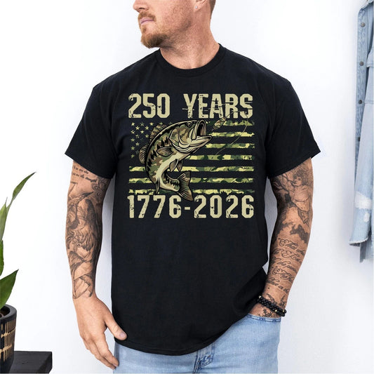 250th Anniversary USA 250 Years Birthday Bass Fishing Camo Patriotic T-Shirt Unisex T-shirt, Sweatshirt, Hoodie, Long Sleeve Tee - T-Shirt, Sweatshirt, Hoodie