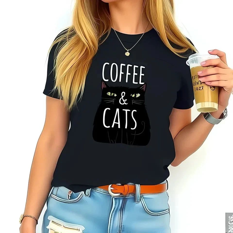 Black Cat Coffee T-Shirt for Cat Lovers - Cute Cartoon Unisex T-shirt, Sweatshirt, Hoodie, Long Sleeve Tee - T-Shirt, Sweatshirt, Hoodie