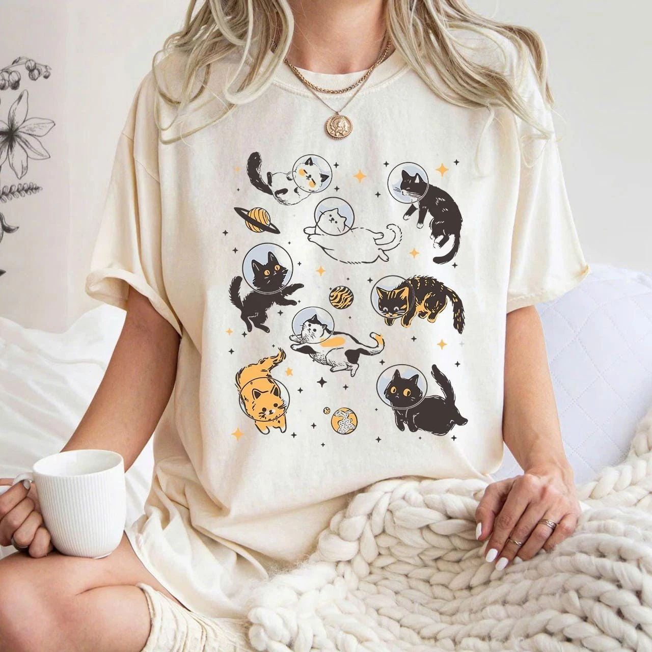 Comfort Colors Cats in Space Shirt  Funny Cat Shirt  Oversized Shirt  Aesthetic Unisex T-shirt, Sweatshirt, Hoodie, Long Sleeve Tee - T-Shirt, Sweatshirt, Hoodie