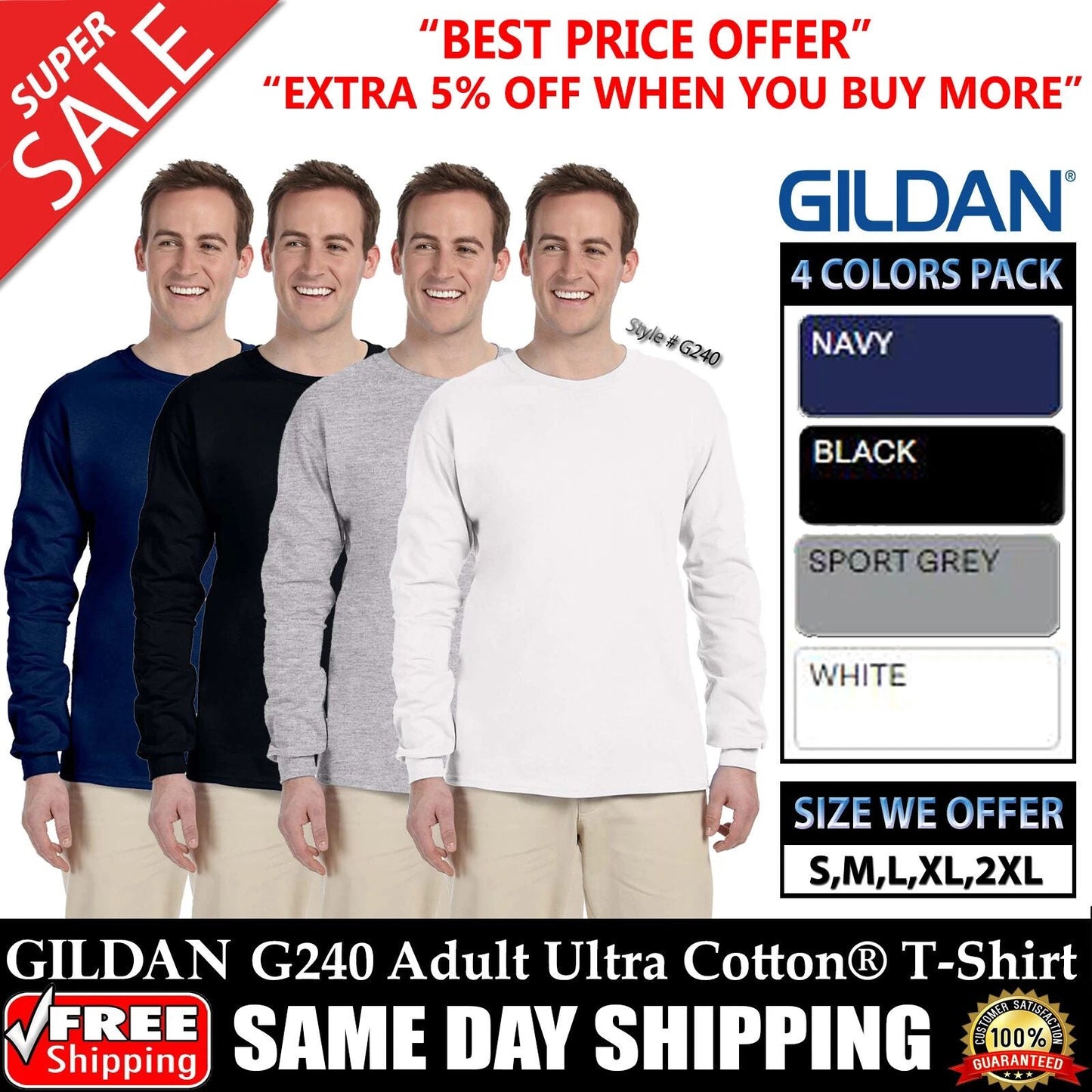 PACK OF 4 Gildan Mens T-Shirt Long Sleeves Ultra Cotton Blank T Shirt - G240 Unisex T-shirt, Sweatshirt, Hoodie, Long Sleeve Tee - T-Shirt, Sweatshirt, Hoodie