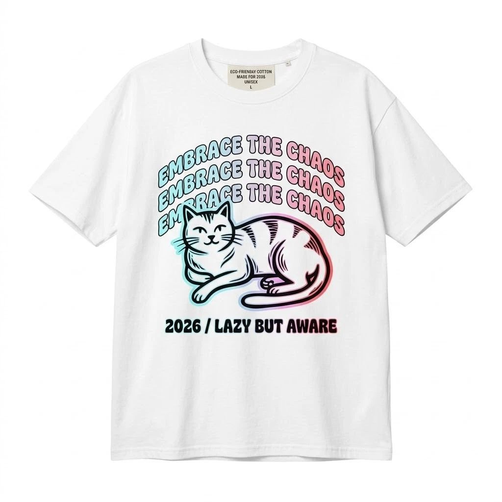 Funny Cat T-Shirt Embrace The Chaos Lazy But Aware Retro Glitch Graphic Tee Unisex T-shirt, Sweatshirt, Hoodie, Long Sleeve Tee - T-Shirt, Sweatshirt, Hoodie