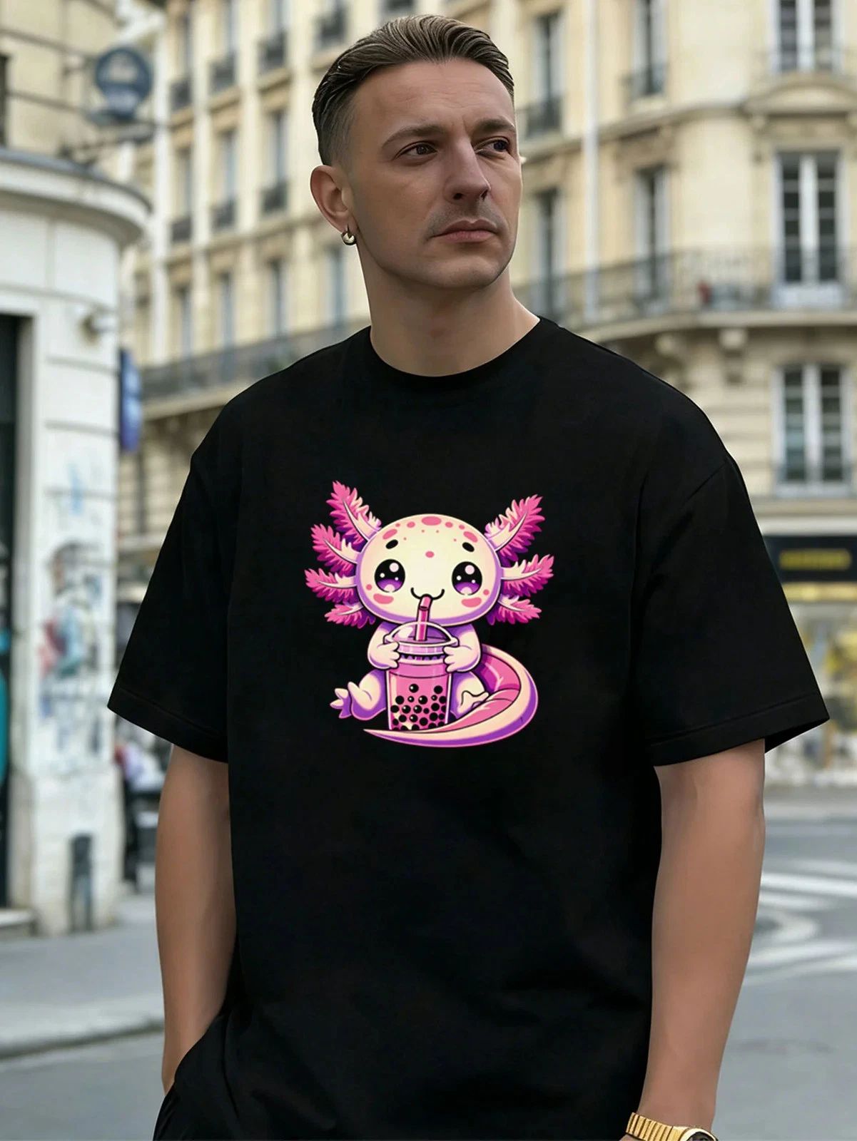 Cute Axolotl Boba Drink Graphic 100% Cotton Men's T-Shirt, for Daily Casual Wear Unisex T-shirt, Sweatshirt, Hoodie, Long Sleeve Tee - T-Shirt, Sweatshirt, Hoodie