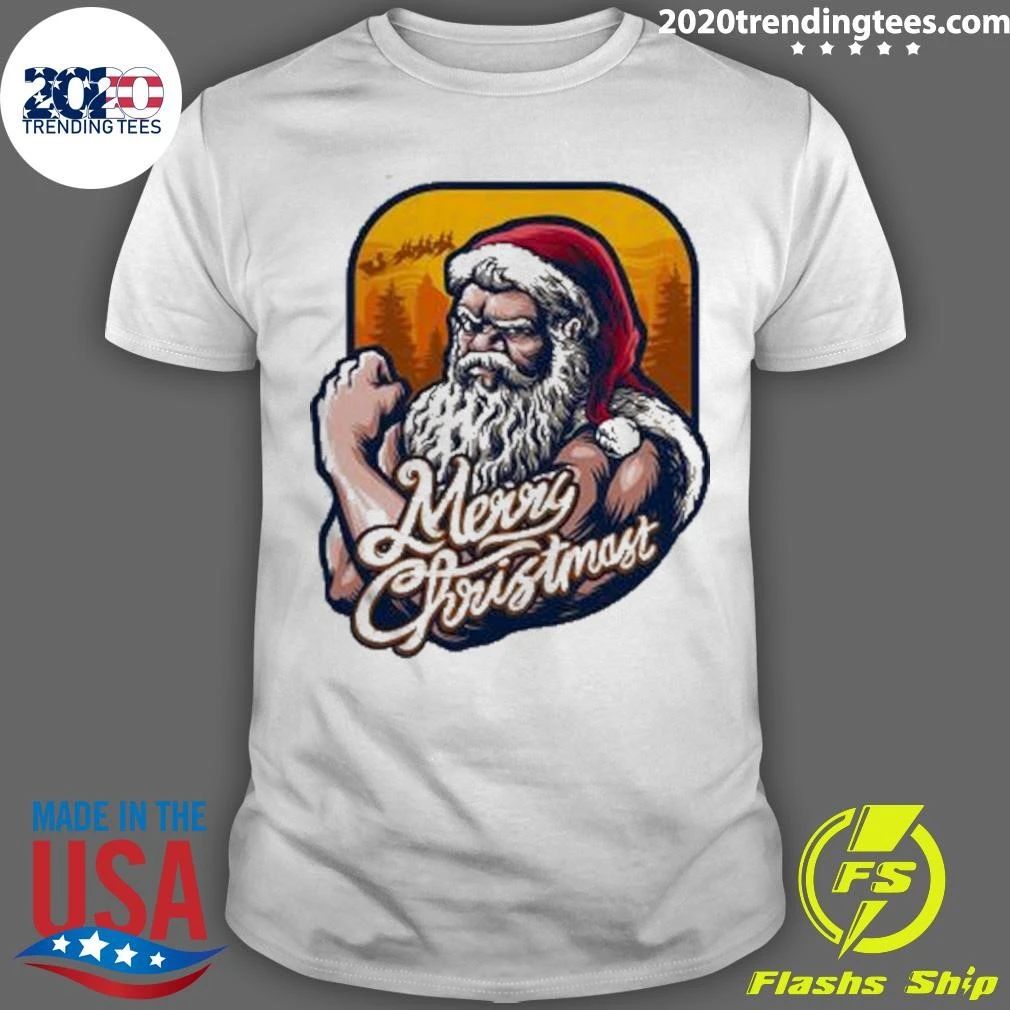 Great Xmas Strong Cool Santa Claus Merry Christmas With Background Tree Shirt Unisex T-shirt, Sweatshirt, Hoodie, Long Sleeve Tee - T-Shirt, Sweatshirt, Hoodie