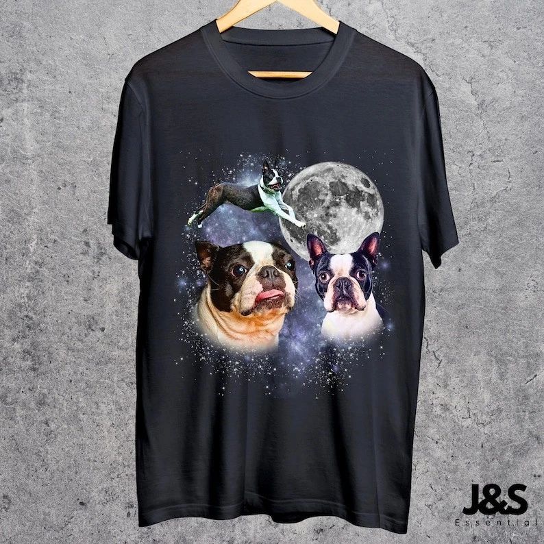 Three Boston Terrier Moon Shirt, Boston Terrier Galaxy Tee, Space Dog Lovers Top Unisex T-shirt, Sweatshirt, Hoodie, Long Sleeve Tee - T-Shirt, Sweatshirt, Hoodie