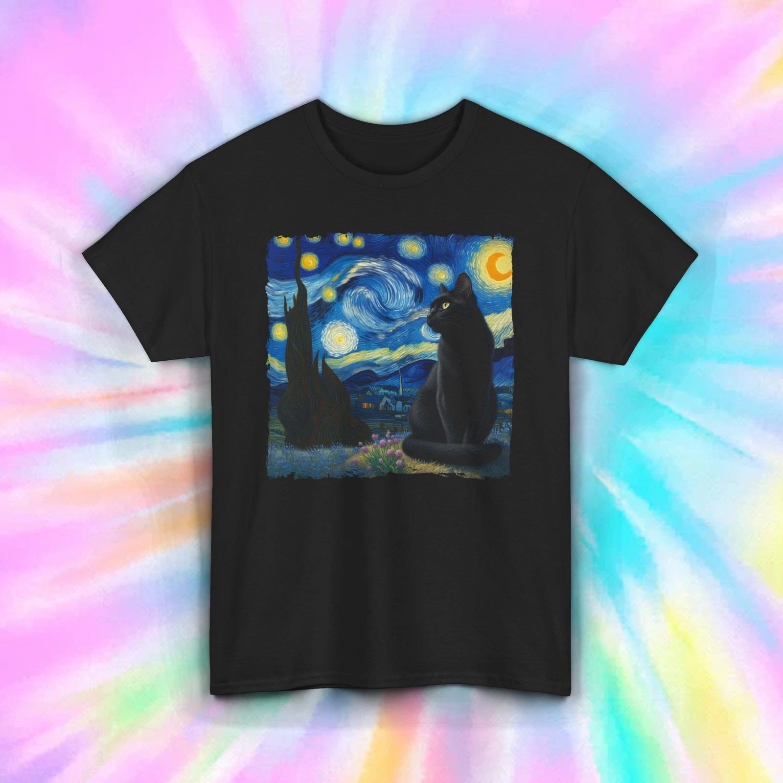 Starry Night Cat T-Shirt | Van Gogh Inspired Art Graphic Tee | S-5XL Unisex T-shirt, Sweatshirt, Hoodie, Long Sleeve Tee - T-Shirt, Sweatshirt, Hoodie