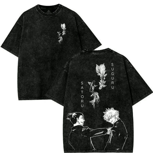 Anime Besties Graphic T-Shirt 2-Sided Washed Cotton Manga Fan Tee Unisex T-shirt, Sweatshirt, Hoodie, Long Sleeve Tee - T-Shirt, Sweatshirt, Hoodie